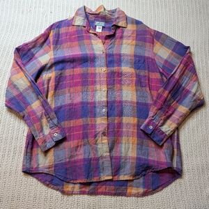 Pendleton 100% Linen Women's XL Shirt Purple Pink Plaid Long Sleeve Button Up